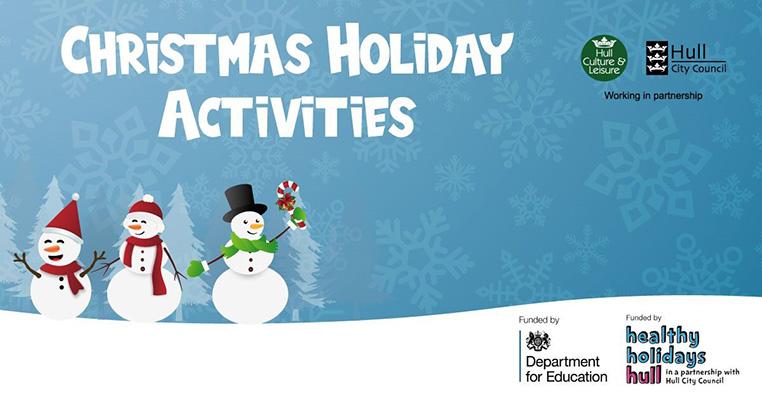 Christmas Holiday Advert, 3 cartoon snowmen on a snow slope.