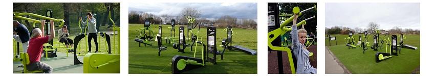Photographs of people exercising at an outdoor gym