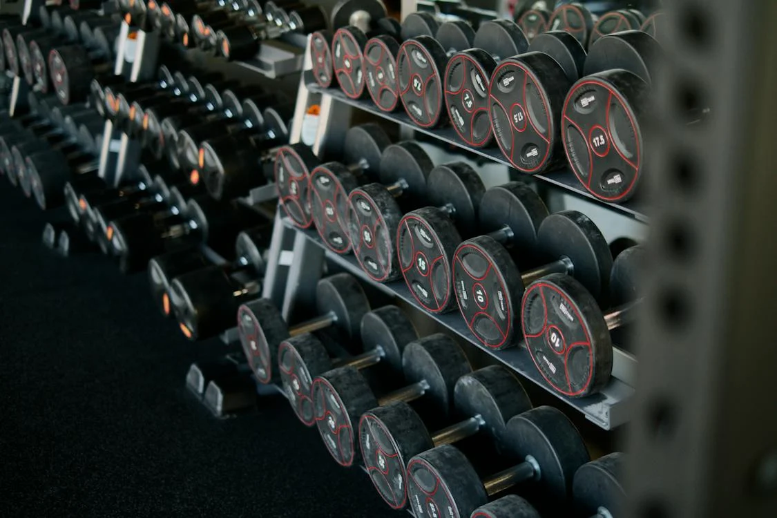 A photograph showing gym weights
