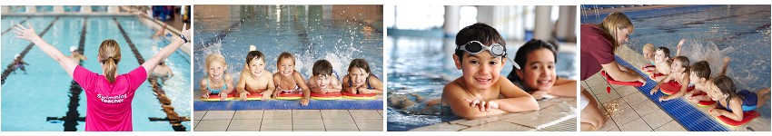 A decorative banner showing various images of swimming lessons