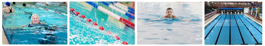 A decorative banner showing 4 separate image of swimming pools and people being taught to swim